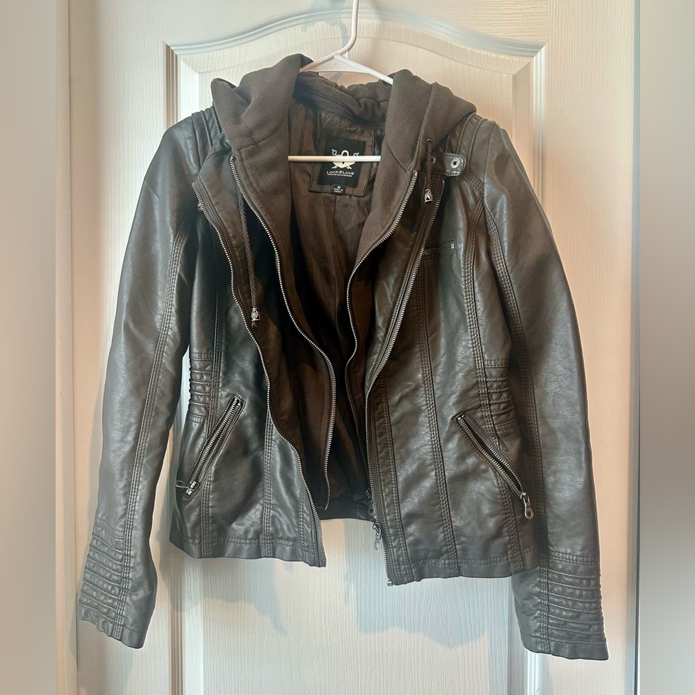 Lock & Love Women’s Faux Leather Moto Jacket M Removable Hoodie